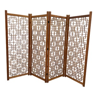Vintage Japanese Solid Teak 4 Panel Screen, 1960 For Sale