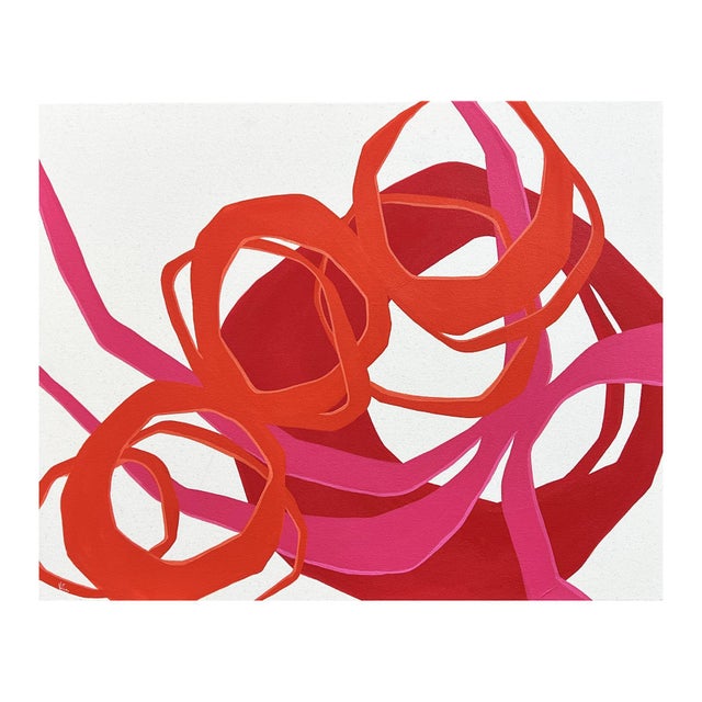 Contemporary abstract geometric painting by Houston-based artist Holland Geibel. The work features layers of pink and red...