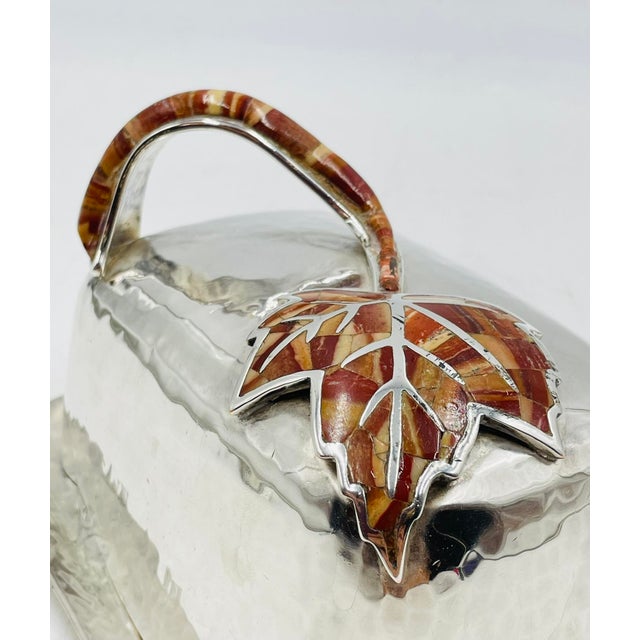 1980s Emilia Castillo Silver Plated “Maple Leaf” Jasper Inlay Covered Butter Dish For Sale - Image 12 of 14