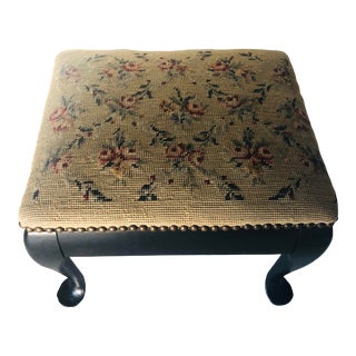 Vintage Solid Mahogany Handmade Needlepoint, Newly Painted in Asian Black Footstool For Sale