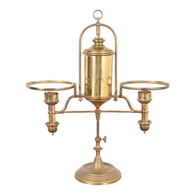 Antique Tiffany Studios Style Brass Double Arm Student Lamp, Circa 1910 For Sale