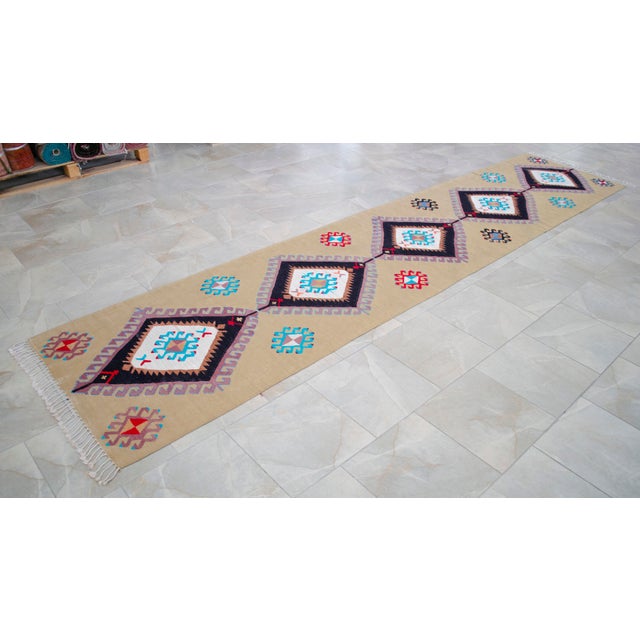 Hand Woven Silk Runner Rug. Extra Long Hallway Decor. Turkish Silk Kilim. Luxury Decor - New - 3′1″ X 14′2″ For Sale - Image 16 of 17