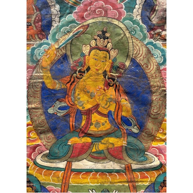 Antique 19th Century Tibetan Manjushri Thangka – Bodhisattva of Wisdom in Custom Silver Gilt Frame For Sale - Image 9 of 18