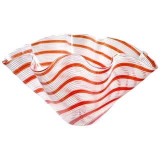 Dino Martens Murano Vintage 1950s Red Orange Italian Art Glass Mid Century Fazzoletto Flower Vase For Sale