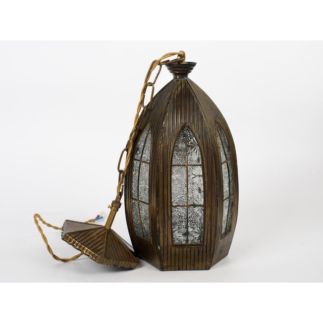 Art Deco 1940s Gothic Style Brass & Glass Pendant Light For Sale - Image 3 of 9