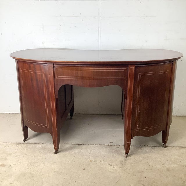 Wood Antique English Edwardian Mahogany Kidney Desk For Sale - Image 7 of 18