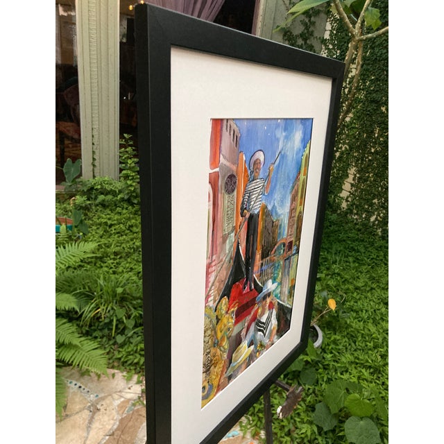 Metal Venetian Canal Gondola Gondolier Scene Contemporary Mixed-Media Painting, Signed, Framed Art For Sale - Image 7 of 12