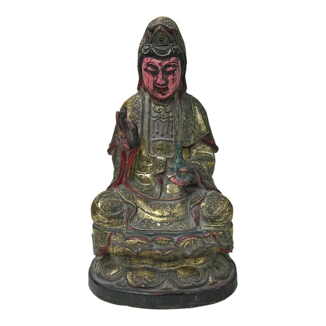 Vintage Chinese Wooden Carved Home Guardian Kwan Yin Figure For Sale
