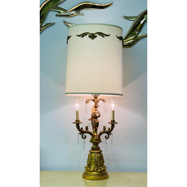 Stunning Vintage Rare Gold Gilt 3-Arm Candelabra Lamp with the Original Shade. Shade also has Gold Gilt accents. This lamp...