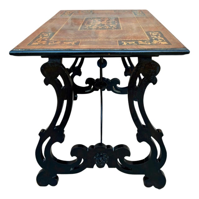 Spanish Baroque Side Table with Lyre Legs and Marquetry Top, 1850 For Sale