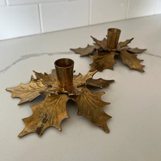 Traditional Mid 20th Century Brass Holly Candleholders - a Pair For Sale - Image 3 of 5