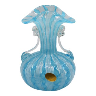 Mid-Century Murano Twin-Handled Latticino Art Glass Vase - Circa 1950s For Sale