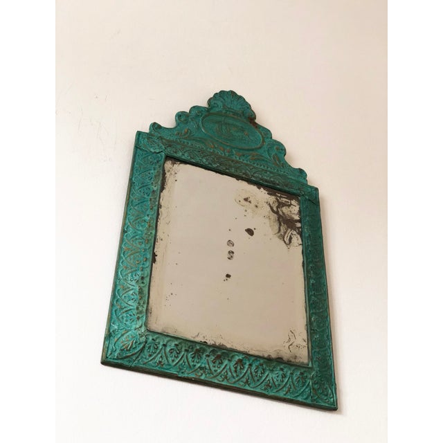 1930s Antique Embossed Pressed-Metal (Tole) Mirror With a Green Patina Finish and Gilt Highlights Rococo For Sale - Image 5 of 10