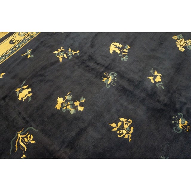 Navy Blue 1930s Navy Floral Deco Antique Chinese Peking Knotted Wool Rug 8'2" X 9'8" For Sale - Image 8 of 12