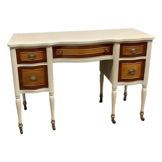 Vintage Painted French Desk Creamy Beige Wood Tones Gold Accents 5 Drawers For Sale