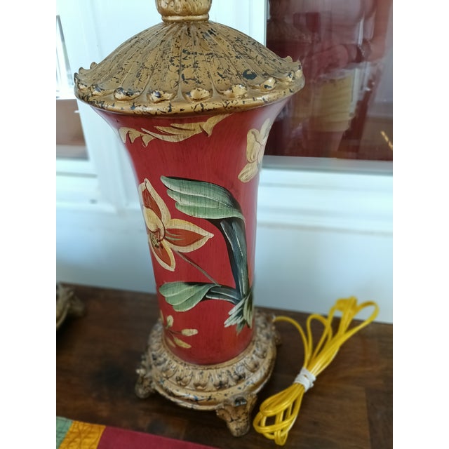 French Provincial Vintage Red & Gold Hand‑Painted - a Pair For Sale - Image 3 of 8