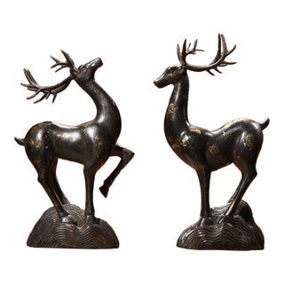 Pair of Vintage Chinese Gilt Bronze Deer Figures – Standing Auspicious Deer Sculptures For Sale