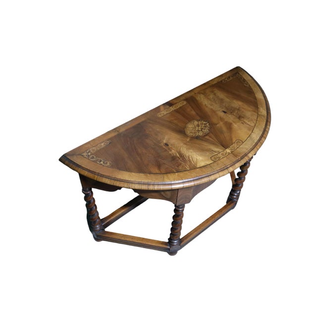 Antique Jacobean Style Walnut Hallway Demi Lune Table With Oak Inlay & Swirled Legs For Sale - Image 4 of 11