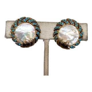 Vintage Signed Crown Trifari Goldtone Mother of Pearl & Cabochon Faux-Turquoise Clip Earrings-2 Pieces For Sale