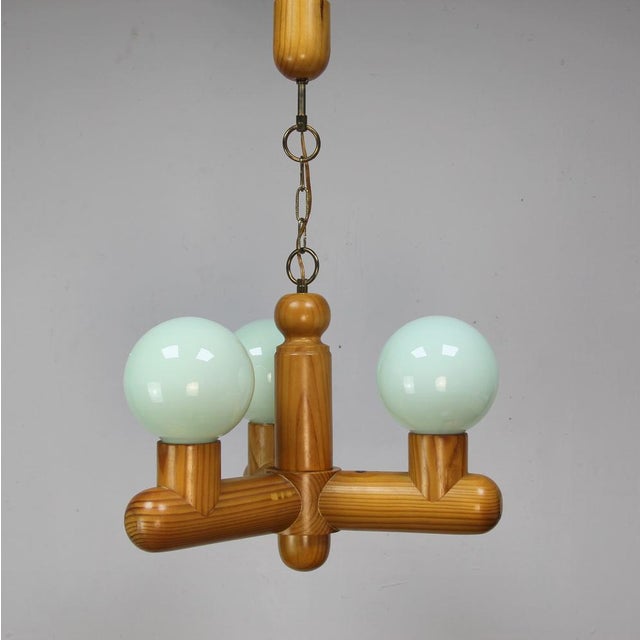 Green Vintage Ceiling Lamp in Wood and Green Glass, 1970s For Sale - Image 8 of 8