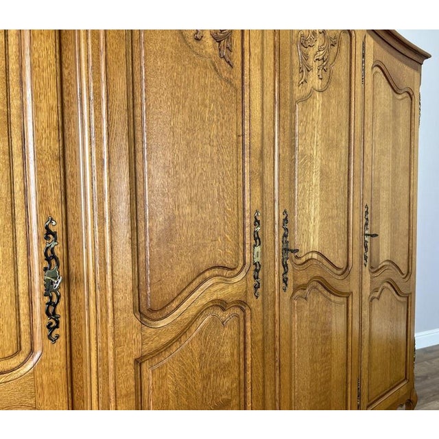 Vintage French Louis XVI Style Carved Oak 4-Door Armoire For Sale - Image 5 of 12