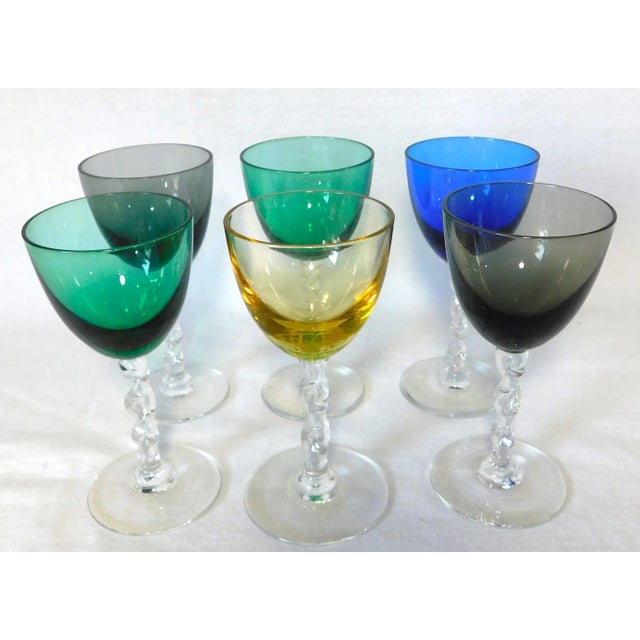 Vintage Multi-Colored Twisted Stem Pedestal Cordial Shot Liquor Glasses - Set of 6 For Sale - Image 4 of 7