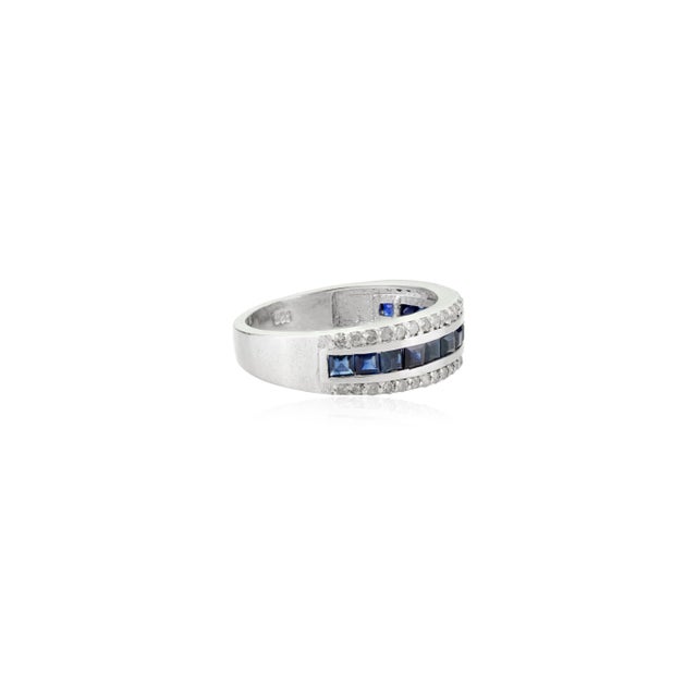 Modern Modernist Sapphire & Diamond Stackable Band Ring in 925 Silver- Size 8.5 For Sale - Image 3 of 11
