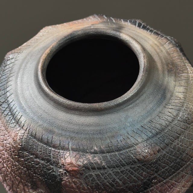Vintage Postmodern Raku Fired Crackle Skin Ceramic Vessel, Signed For Sale In Philadelphia - Image 6 of 11
