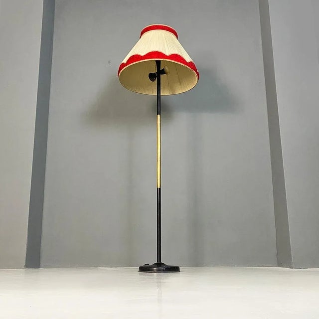 Mid-Century Italian Modern Metal and Brass Floor Lamp with Beige and Red Fabric Shade, 1940 For Sale - Image 4 of 12