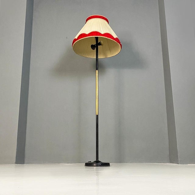 Mid-Century Italian Modern Metal Brass and Beige and Red Fabric Floor Lamp, 1940 For Sale - Image 4 of 12
