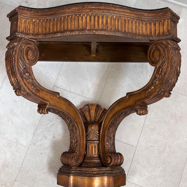 Wood Vintage Maitland Smith stone-top table // tesselated black granite and limestone // carved demilune // wall-mount table // no free shipping For Sale - Image 7 of 10