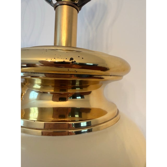 Cream Vintage Hollywood Regency Brass & Cream Ceramic Drape Table Lamps - A Pair For Sale - Image 8 of 12
