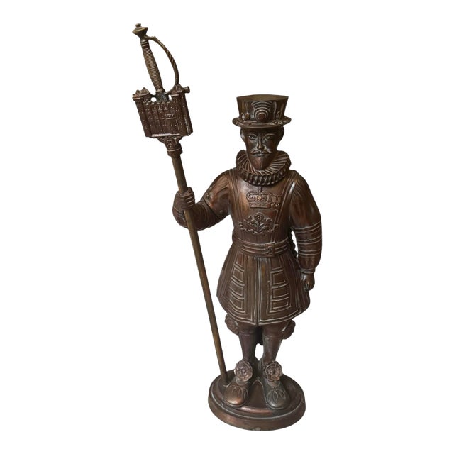 Vintage Beefeater Yeoman Warder Figural Fireplace Tool Set Sword Poker Tongs 30” For Sale