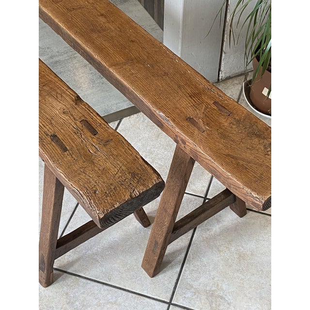 Vintage Farmhouse Benches in Oak, 1950s, Set of 2 For Sale - Image 16 of 18