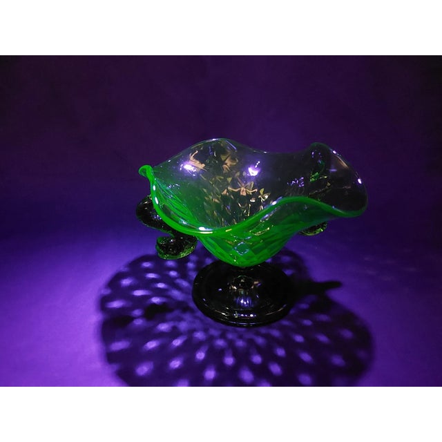 Vintage Fenton Dolphin Green Uranium Glass Two Handled Crimped Bowl For Sale In Philadelphia - Image 6 of 11