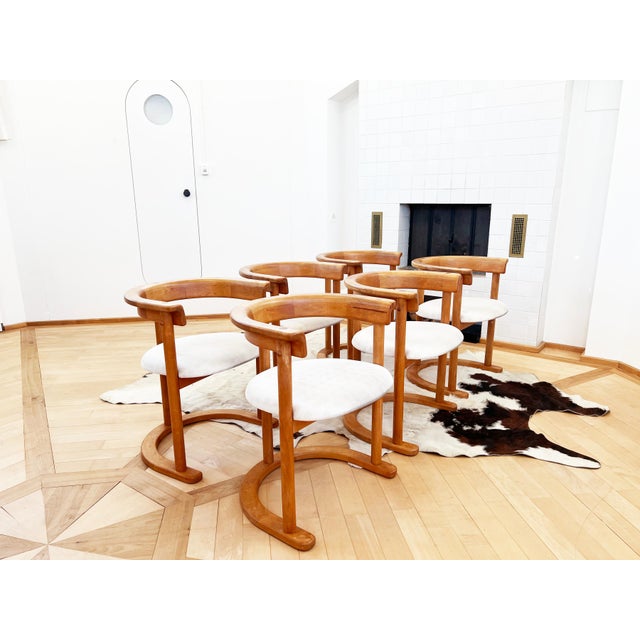1970s Round Post Modern Brutalist MCM Beech Dining Table + 6 Chairs, 9 Pcs Set For Sale - Image 9 of 16