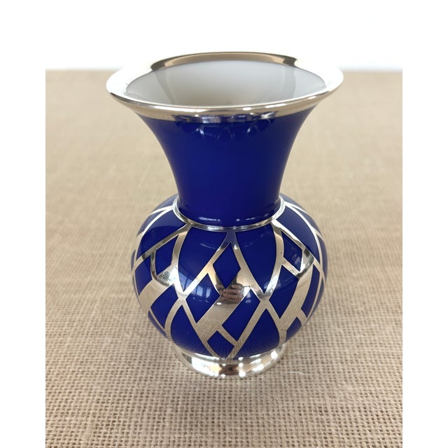 Vintage Art Deco, cobalt blue Weimar Porzellan small bottle-shaped Vase with silver overlay. This 1930-1940s vase...