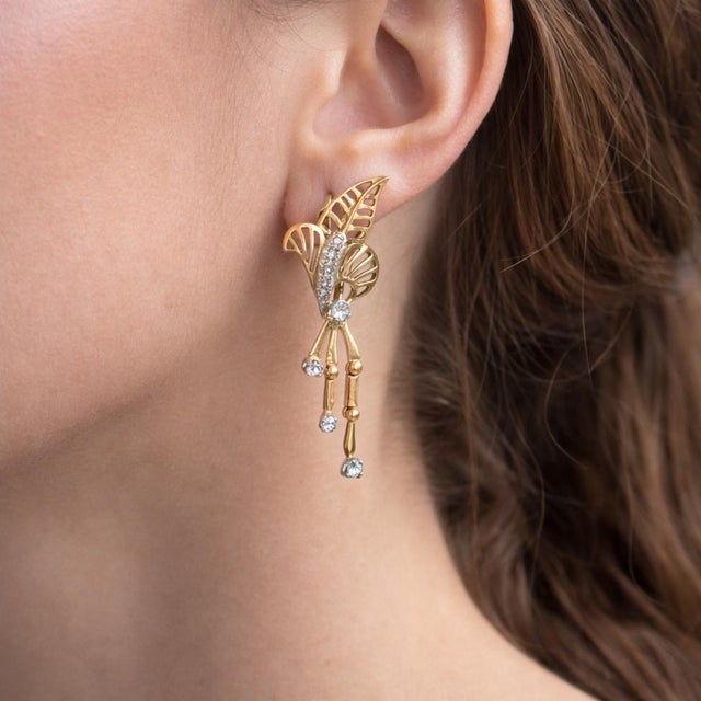 1960s Mid-Century Two-Tone Gold Diamond Leaf Drop Earrings, A Pair For Sale - Image 11 of 11