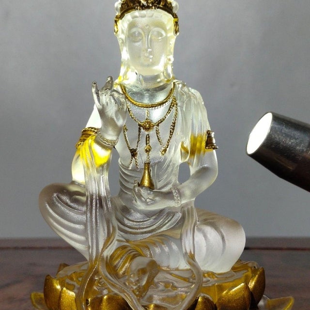 Asian Vintage Liuli Crystal Lotus Guanyin Statue With Gilt Accents and Original Silk Box For Sale - Image 3 of 9