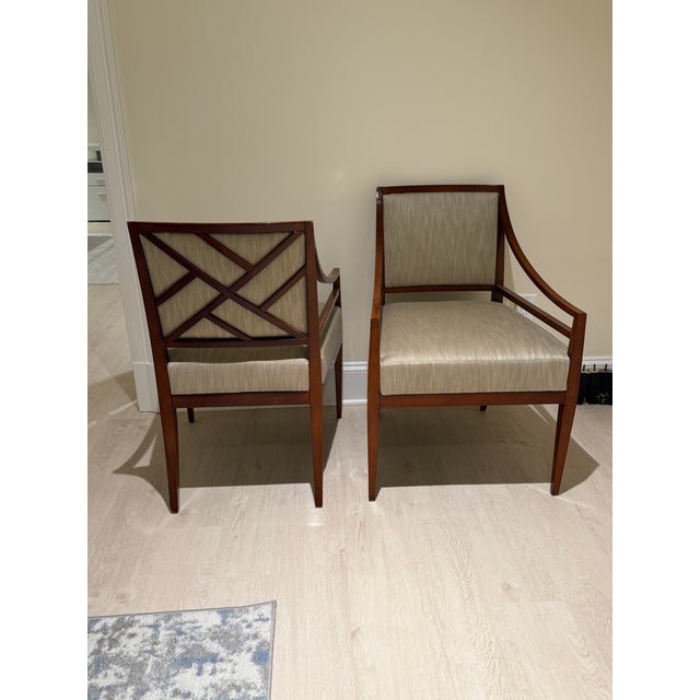 Pair of Bolier & Co Rosenau Upholstered Back Arm Chairs A lovely pair of occasional armchairs with a swirl mahogany frame...
