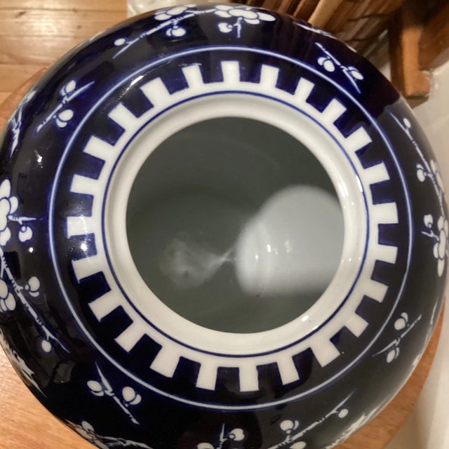 Blue Vintage Asian Chinese Blue and White Porcelain Hawthorn Vase Sakura Motifs Glazed Handmade Hand Painted For Sale - Image 8 of 13