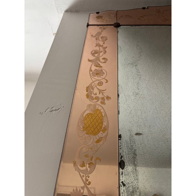 1930s Large Vintage Venetian Peach Glass Etched Floral Wall Mirror For Sale - Image 5 of 7
