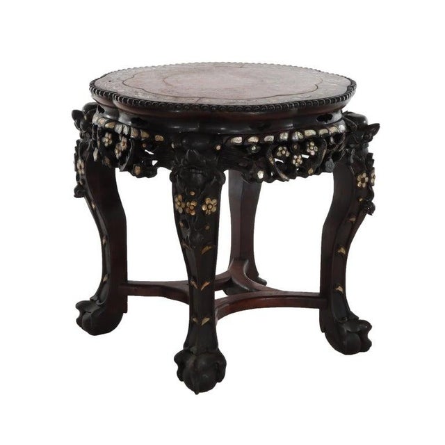 1920s Chinese Floral Carved Rosewood Rouge Marble Top Stand With Mother of Pearl Inlay For Sale - Image 6 of 12
