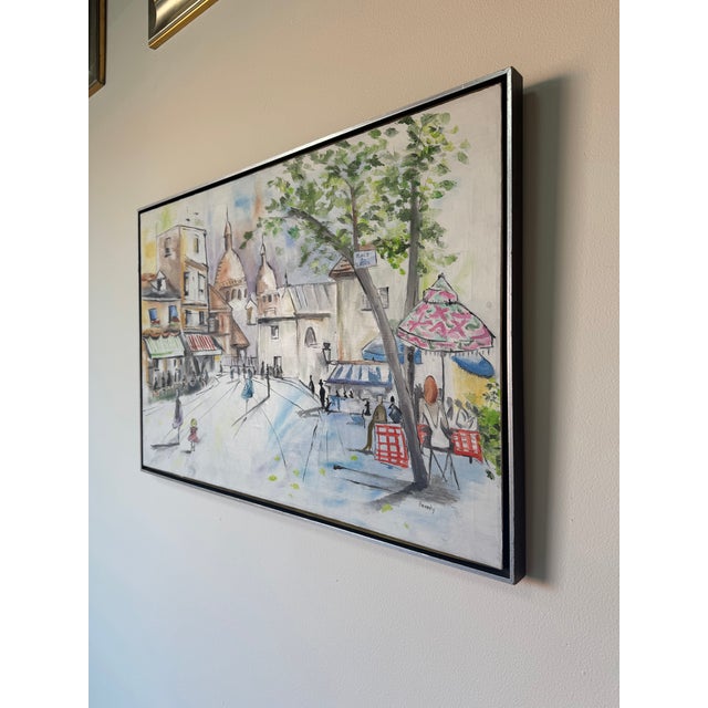 1980’s Beverly Parisian Cityscape Street Scene Oil on Canvas Painting, Wood Framed For Sale - Image 4 of 12