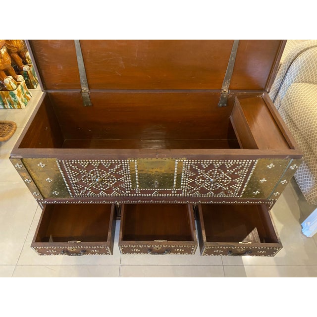 Wood Antique Arab Zanzibar Wooden and Brass Studded Coffee Cocktail Table Trunk Chest For Sale - Image 7 of 11