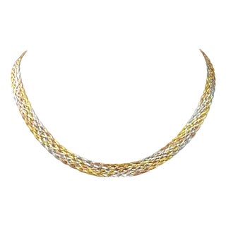 14k Yellow, White, and Rose Gold Woven Necklace Vintage For Sale