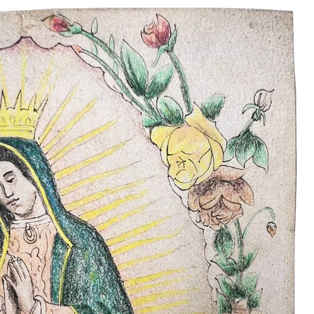 Virgin of Guadalupe Hand Colored Spanish Colonial Drawing - Signed Mexico For Sale - Image 9 of 10