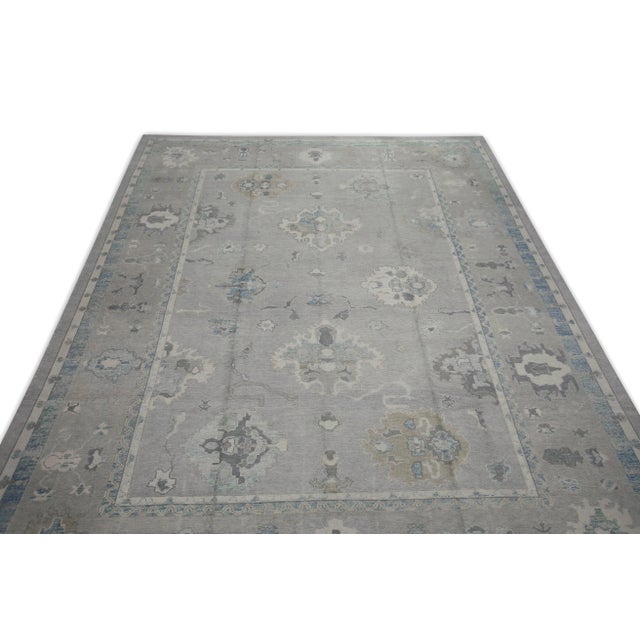 Early 21st Century Gray & Blue Floral Design Handwoven Wool Turkish Oushak Rug 12' X 16'1" For Sale In Houston - Image 6 of 8