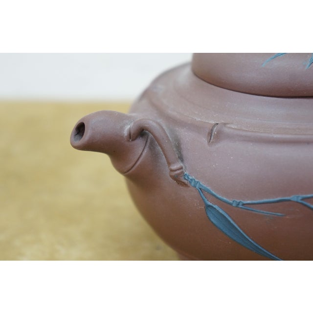 Vintage Chinese Yixing Zisha Brown Clay Bamboo Leaf Teapot Pitcher 7" For Sale - Image 12 of 13