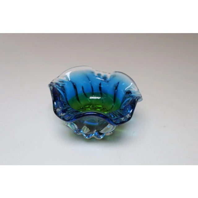 Murano Vintage Italian Blue and Green Art Glass Ashtray / Decorative Footed Bowl For Sale - Image 4 of 12